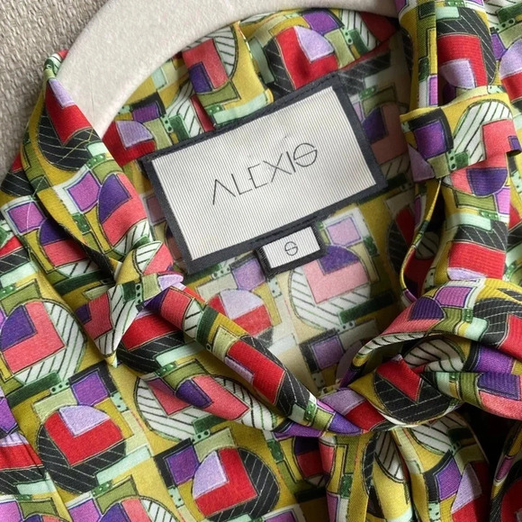 ALEXIS Dress Women’s Small Mirene Bronze Geo Neck Tie Bow Ruffle Hem Mini - Picture 8 of 12